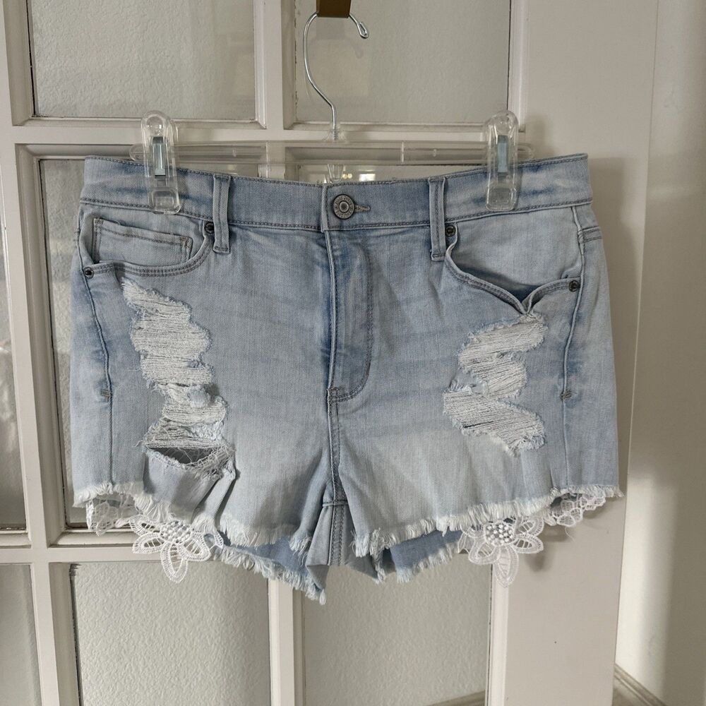 Mudd Distressed White Lace Hem Flex Stretch Denim Cut Off Shorts Women's 11 New